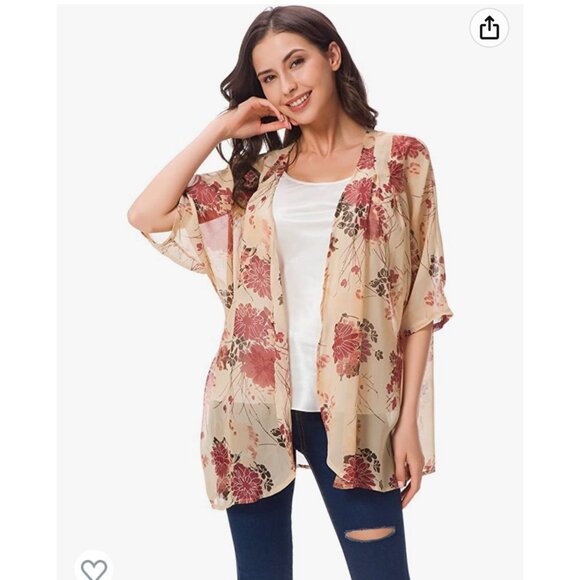 🌸3/$15🌸Beige Floral Sheer Short Sleeve Kimono with Dusty Roses sz Large - Picture 1 of 5